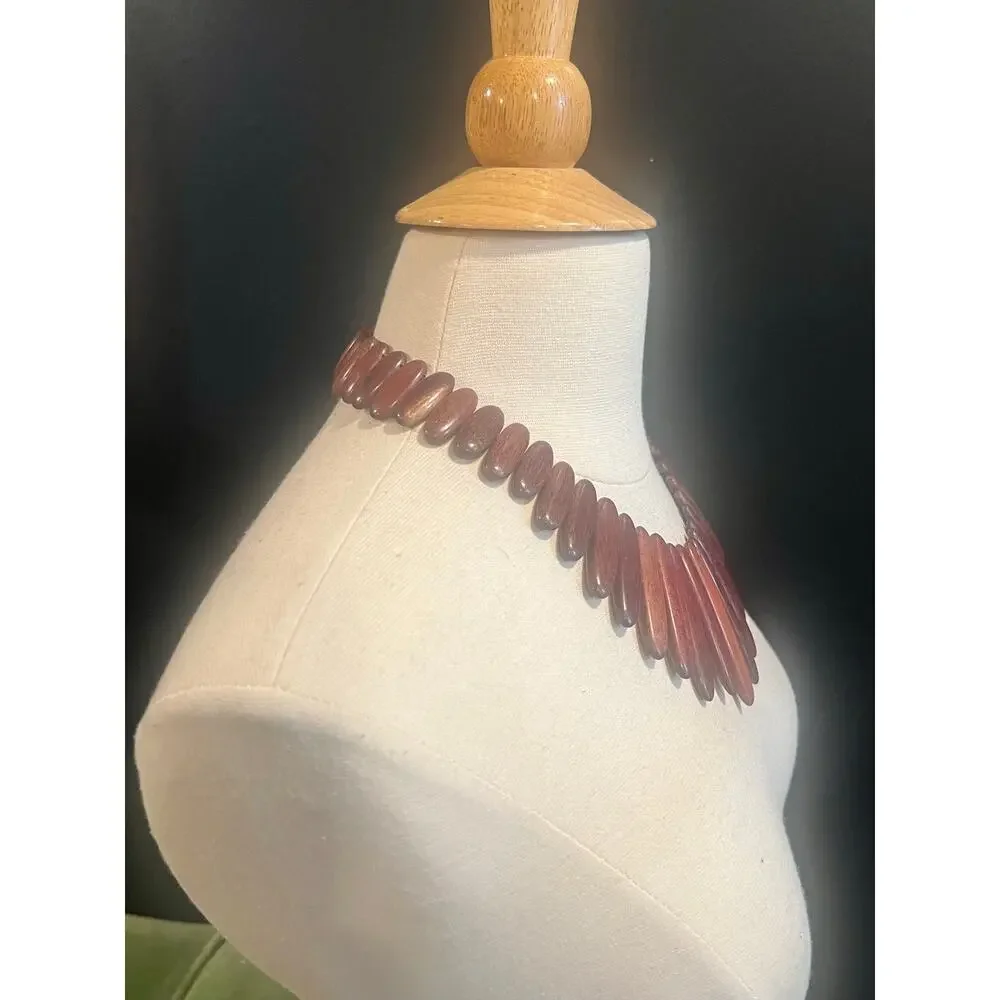 Vintage Style Wood Statement Necklace Burgundy Plum Graduated Fringe Bib Boho